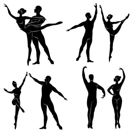 Collection. Silhouette of a ballet actor. The woman and the man have beautiful slender figures. Girl ballerina and boyfriend dancer. Vector illustration set.のイラスト素材