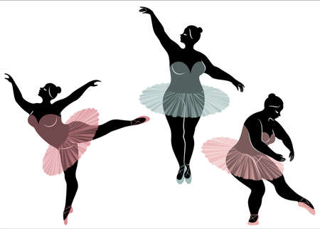 Collection. Silhouette of a cute lady, she is dancing ballet. Woman is overweight. The girl is plump and slim. Woman is ballerina, gymnast. Vector illustration set.のイラスト素材