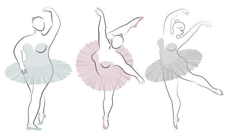 Collection. Silhouette of a cute lady, she is dancing ballet. Woman is overweight. The girl is plump and slim. Woman is ballerina, gymnast. Vector illustration set.のイラスト素材