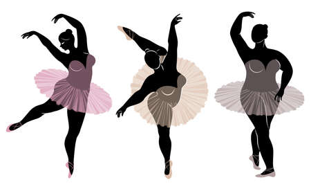 Collection. Silhouette of a cute lady, she is dancing ballet. Woman is overweight. The girl is plump and slim. Woman is ballerina, gymnast. Vector illustration set.のイラスト素材