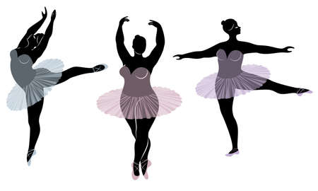Collection. Silhouette of a cute lady, she is dancing ballet. Woman is overweight. The girl is plump and slim. Woman is ballerina, gymnast. Vector illustration set.のイラスト素材