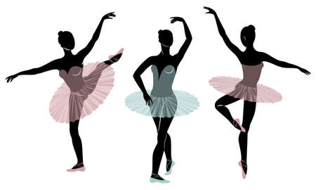 Collection. Silhouette of a cute lady, she is dancing ballet. The girl has a beautiful figure. Woman ballerina. Vector illustration set.のイラスト素材