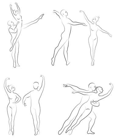 Collection. Silhouette of a ballet actor. The woman and the man have beautiful slender figures. Girl ballerina and boyfriend dancer. Vector illustration set.のイラスト素材