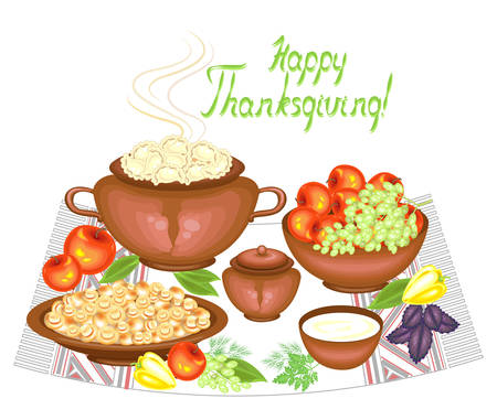 Thanksgiving Day. At the festive table vareniki, mushrooms, fruits, apples, grapes, greens peppers Vector illustrationのイラスト素材