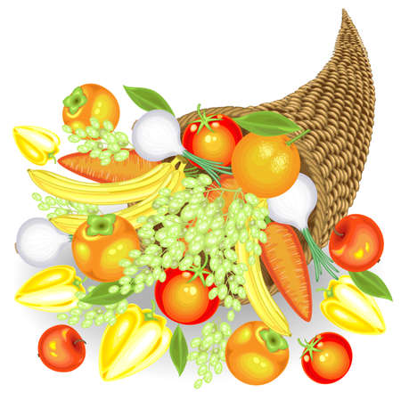 Thanksgiving Day. A generous harvest of fresh fruits and vegetables. In the cornucopia, apples, bananas, grapes, persimmons, oranges, potatoes, carrots, onions, peppers, tomatoes. Vector illustration.のイラスト素材