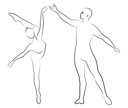 Silhouette of a cute lady and youth, they dance ballet. The woman and the man have beautiful slender figures. Girl ballerina and boyfriend dancer. Ballet dancer. Vector illustration.のイラスト素材