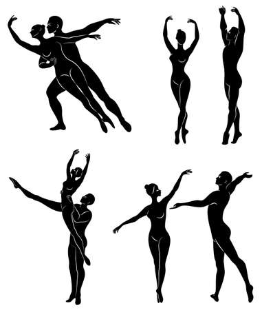 Collection. Silhouette of a ballet actor. The woman and the man have beautiful slender figures. Girl ballerina and boyfriend dancer. Vector illustration set.のイラスト素材