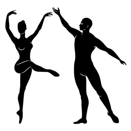 Silhouette of a cute lady and youth, they dance ballet. The woman and the man have beautiful slender figures. Girl ballerina and boyfriend dancer. Ballet dancer. Vector illustration.のイラスト素材