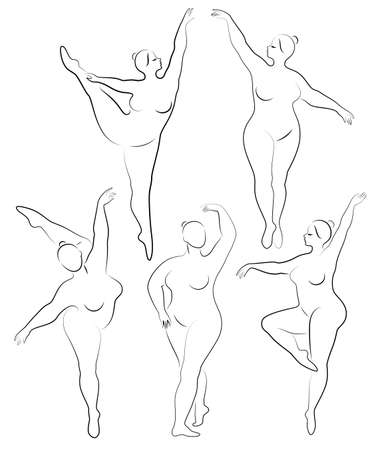 Vector illustration of overweight woman silhouettes. Black and white, differrent poses.のイラスト素材