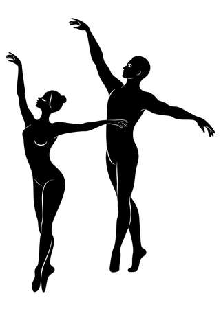 Silhouette of a cute lady and youth, they dance ballet. The woman and the man have beautiful slender figures. Girl ballerina and boyfriend dancer. Ballet dancer. Vector illustration.のイラスト素材
