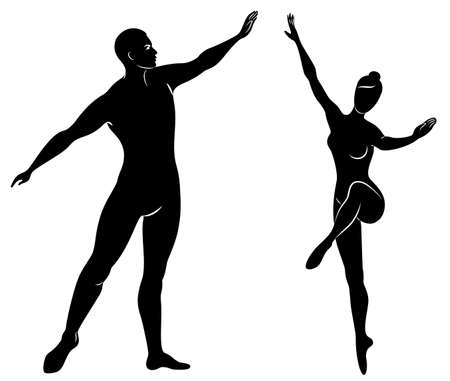Silhouette of a cute lady and youth, they dance ballet. The woman and the man have beautiful slender figures. Girl ballerina and boyfriend dancer. Ballet dancer. Vector illustration.のイラスト素材