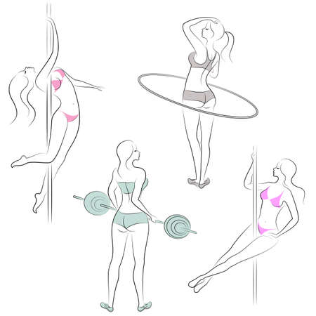 Collection. Silhouettes of lovely ladies. Girls are engaged in fitness the bar, hoop, dance on the pylon. Women are young and slim, with beautiful figures. Set of vector illustrations.のイラスト素材