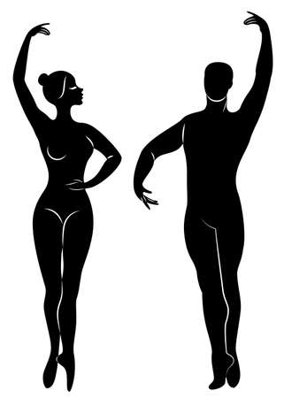 Silhouette of a cute lady and youth, they dance ballet. The woman and the man have beautiful slender figures. Girl ballerina and boyfriend dancer. Ballet dancer. Vector illustration.のイラスト素材