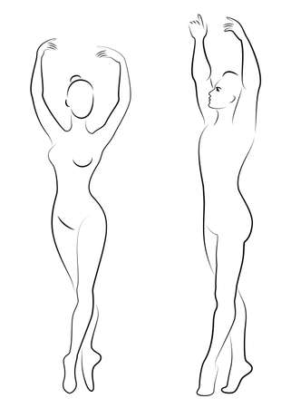 Silhouette of a cute lady and youth, they dance ballet. The woman and the man have beautiful slender figures. Girl ballerina and boyfriend dancer. Ballet dancer. Vector illustration.のイラスト素材