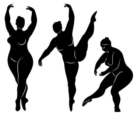 Vector illustration of overweight woman silhouettes. Black and white, differrent poses.のイラスト素材