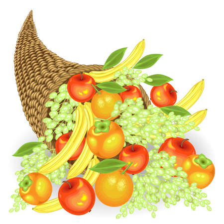 Thanksgiving Day. Collected a generous harvest of fresh fruits. In the cornucopia, apples, bananas, grapes, persimmons and oranges. Vector illustration.のイラスト素材