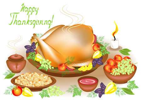 Thanksgiving Day. On the table, a delicious roast turkey, fruit, apples, mushrooms, pepper and sauce, fruit and a candle. Symbol of the holiday. Vector illustrationのイラスト素材