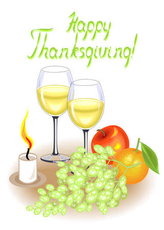 Thanksgiving Day. Two glasses of white wine and a candle. Vintage fruits, apple, grapes and orange. Vector illustration.のイラスト素材
