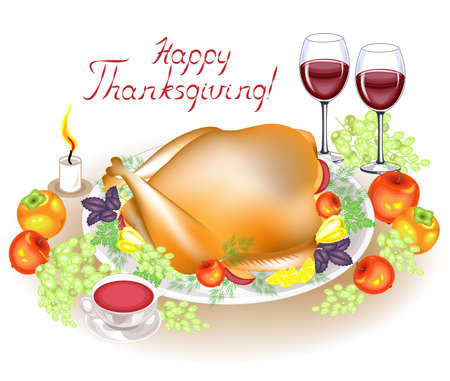 Thanksgiving Day. On the table, a delicious roast turkey, apples, pepper and sauce. Two glasses of wine, fruit and a candle. Symbol of the holiday. Vector illustration.のイラスト素材