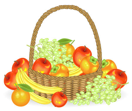 Thanksgiving. Collected a generous harvest. In the basket are apples, bananas, grapes, persimmons and oranges. Fresh beautiful fruits. Vector illustration.のイラスト素材