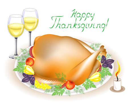 Thanksgiving Day. On the table is a delicious roast turkey with apples, peppers and herbs. Two glasses of wine and a candle. Symbol of the holiday. Vector illustration.のイラスト素材