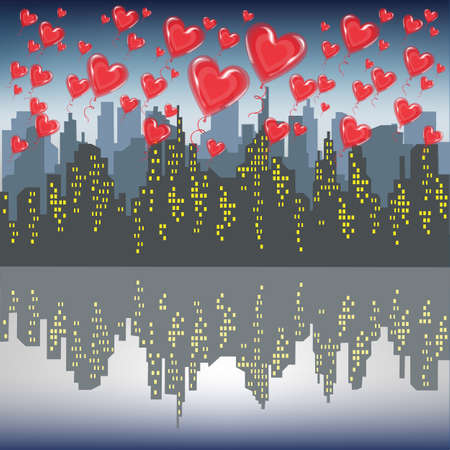 A lot of red gel balls fly against the silhouette of a big city. Bright morning sky. Lovers celebrating Valentines Day Vector illustration.のイラスト素材