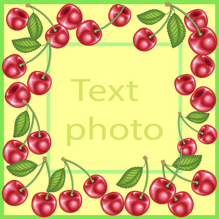 Original frame for photos and text. Sweet juicy cherry berries create a festive mood. A perfect gift for children and adults. Vector illustrationのイラスト素材