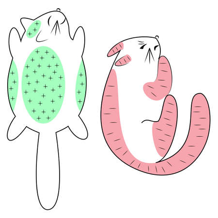 Cat gentle, relax it can be ironed. The pet is evil, tense, it can not be touched. The animal lies on its stomach, the belly is on top. Vector illustration.のイラスト素材