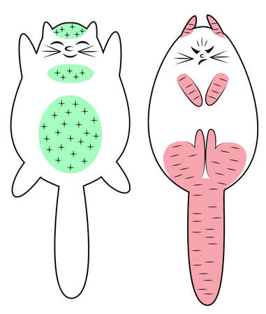 Cat gentle, relax it can be ironed. The pet is evil, tense, it can not be touched. The animal lies on its back, the belly is on top. Vector illustration.のイラスト素材