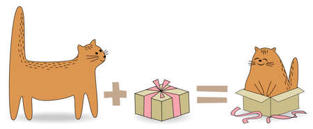 Cute red cat. Pet saw a gift. The animal has gone to the box and is happy and smiling. Cartoon image. Vector illustration.のイラスト素材