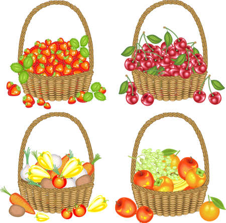 Delicious collection. Four complete baskets with strawberries, cherries, fruits, vegetables. A bountiful harvest. Vector illustrationのイラスト素材