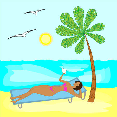 A bright summer landscape, the sun, warm sea, sand, seagulls. A beautiful lady is lying on a deckchair and sunbathing. On top of the light shadow on the girl throws a palm tree. Vector illustration.のイラスト素材
