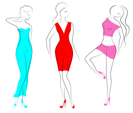 Silhouettes of three lovely ladies. Beautiful girls stand in different poses. Women are dressed in transparent clothes and shoes. Vector illustration.のイラスト素材