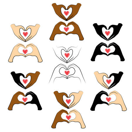 Collection. Human hands are folded in the shape of a heart and a red heart. People of different nationalities. Valentine s Day. Vector illustration set.のイラスト素材