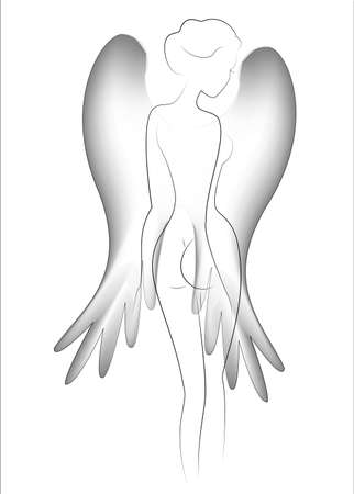 Silhouette of a beautiful naked lady. The girl is slim and feminine. Behind her shoulders are the wings of a bird. Vector illustration.のイラスト素材