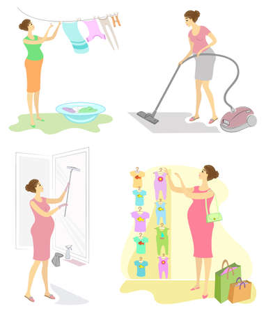 Collection. Profile of a cute pregnant lady. Clean the room with a vacuum cleaner, hang laundry, wash the windows, buy clothes. The woman is a good wife and neat housewife. Vector illustration set.のイラスト素材