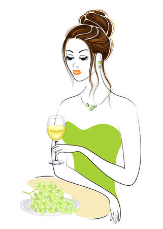 A beautiful lady is sitting at the table. A girl is holding a glass of white wine. On the plate there is a bunch of grapes. A young and beautiful woman. Vector illustration.のイラスト素材