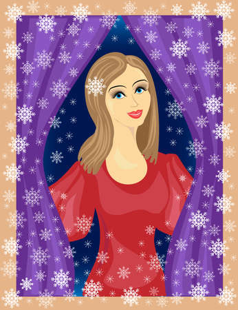 A nice lady looks out the window. The girl is smiling, she is in a good mood. In the street winter, beautiful snowflakes are flying. Vector illustration.のイラスト素材