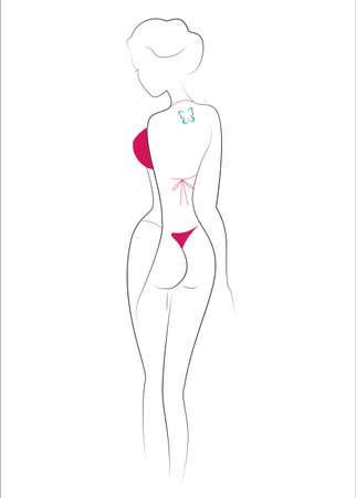 Silhouette of a beautiful lady. The girl is slim and feminine. A woman is dressed in a red swimsuit. Back view. Vector illustration.のイラスト素材