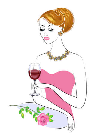 A beautiful lady is sitting at the table. A girl is holding a glass of red wine. There is a rose next to it. A young and beautiful woman. Vector illustration.のイラスト素材