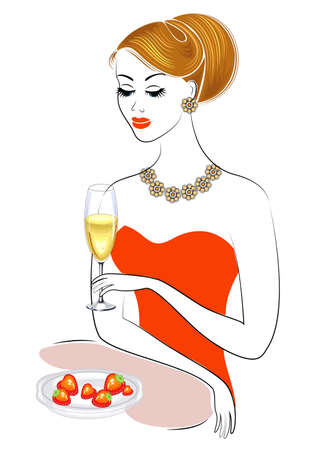 A beautiful lady is sitting at the table. The girl is holding a glass of champagne wine. On the plate is a strawberry. A young and beautiful woman. Vector illustration.のイラスト素材