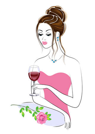 A beautiful lady is sitting at the table. A girl is holding a glass of red wine. There is a rose next to it. A young and beautiful woman. Vector illustration.のイラスト素材