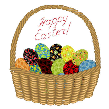 Basket with Easter eggs with painted ornaments. Congratulations on Easter. An ancient tradition of people. Vector illustration.のイラスト素材