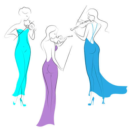Silhouettes of three beautiful ladies in evening long dresses. Girls are slim and elegant. Women play violins, they are musicians, violinists. Vector illustration.のイラスト素材