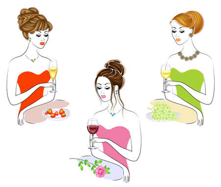 Collection. Beautiful girls are sitting at the table. Women hold a glass of red, white and champagne wine. Next strawberry, grapes, rose. Vector illustration set.のイラスト素材