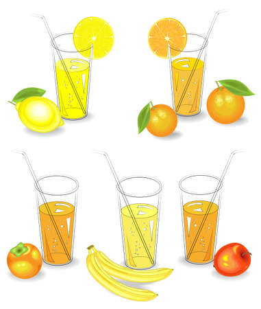 Collection. Glasses of natural fruit juice lemon, mandarin, banana, apple, persimmon Vector illustration setのイラスト素材