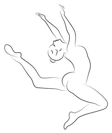 Silhouette of slender lady. Girl gymnast. The woman is flexible and graceful. She is jumping. Graphic image. Vector illustration.のイラスト素材