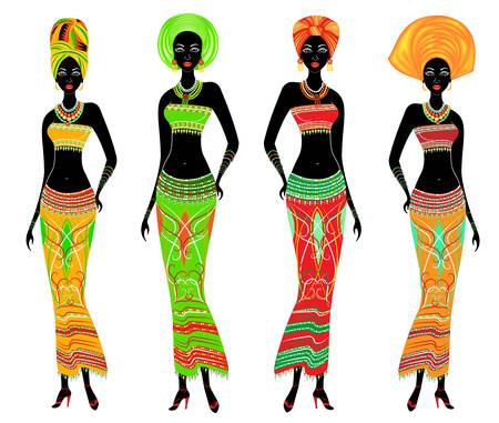A collection of beautiful African American ladies. Girls have bright clothes, a turban on their heads. Women are young and slim. Vector illustration set.のイラスト素材