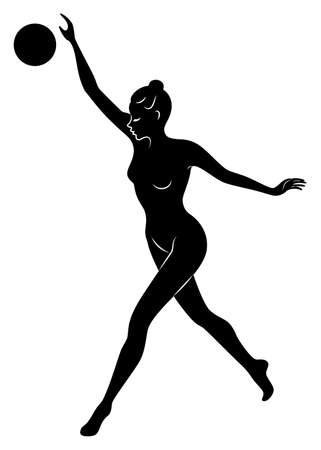 Silhouette of slender lady. The girl plays the ball. Female gymnast. Graphic image. Vector illustrationのイラスト素材