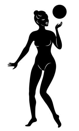 Silhouette of slender lady. The girl plays the ball. Female gymnast. Graphic image. Vector illustrationのイラスト素材